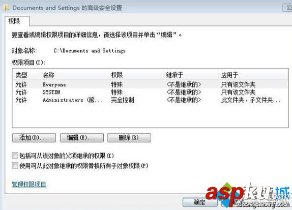 Win7,C盤,Documents,Settings,沒有權限