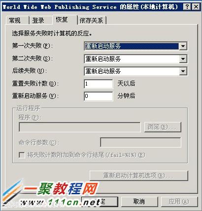 將World Wide Web Publishing Services 第一次失敗、第二次失敗、后續失敗 設置為 重新啟動服務，重置失敗計數為 1天以后，重新服務啟動服務為0分鐘