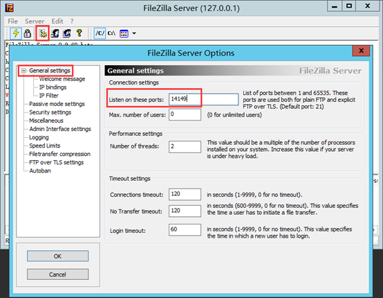配置FileZilla Server的基本設置（General settings）
