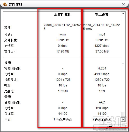 貍窩全能視頻轉換器看源文件跟輸出文件對比