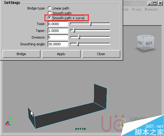 MAYA Polygons建模Edit Mesh命令集詳解解釋 武林網 MAYA建模教程16-Bridge-Smooth-path-+-curve.gif