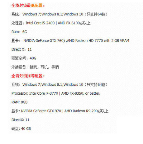 全境封鎖最低配置與推薦配置