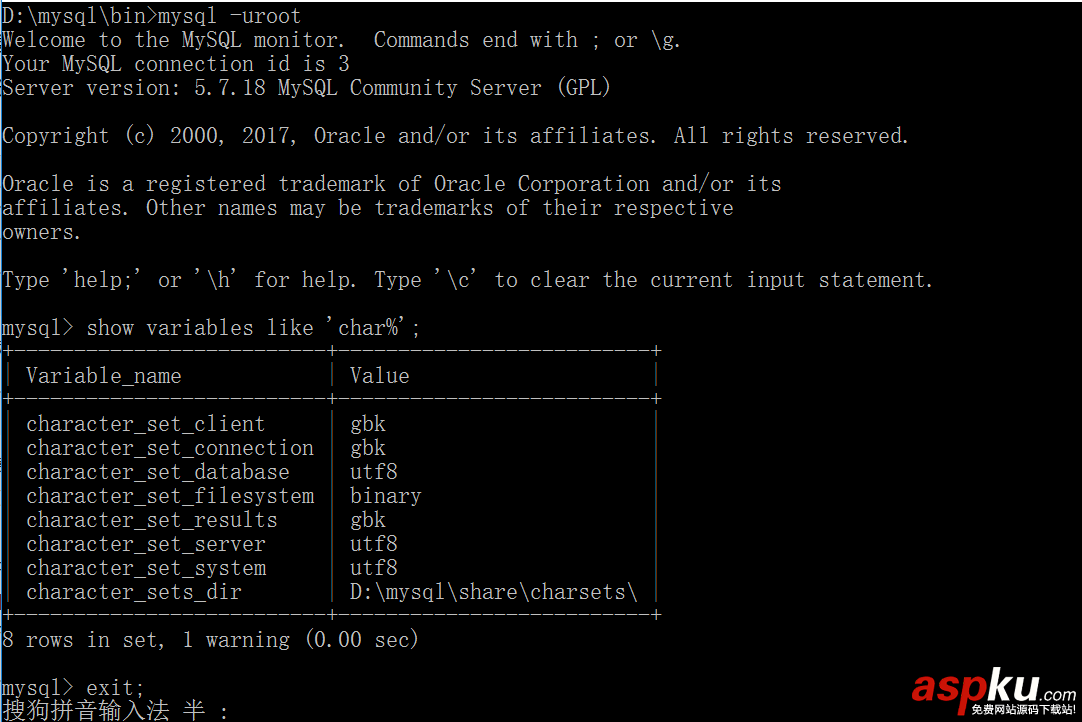 mysql5.7.18字符集配置,mysql,配置字符集,mysql5.7.18,字符集