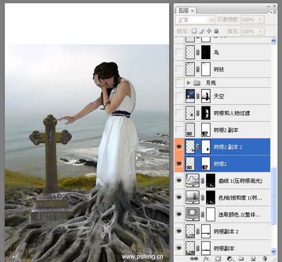 photoshop合成實例:十字墓碑旁的枯樹美女