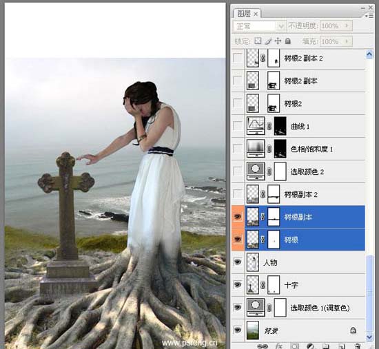 photoshop合成實例:十字墓碑旁的枯樹美女