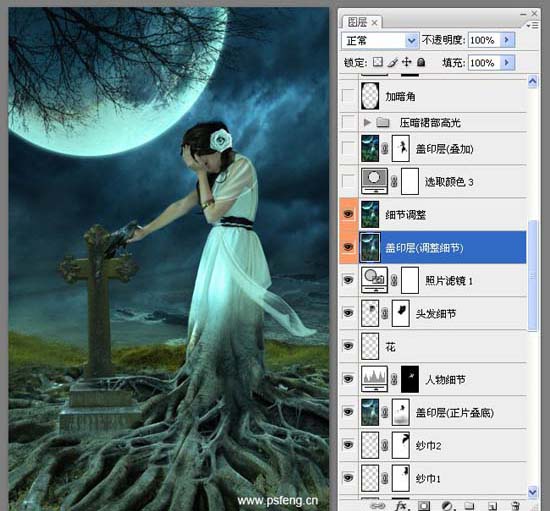 photoshop合成實例:十字墓碑旁的枯樹美女