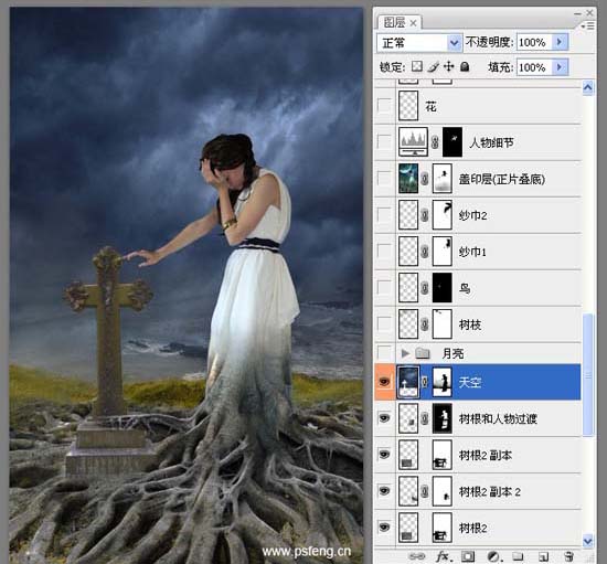 photoshop合成實例:十字墓碑旁的枯樹美女