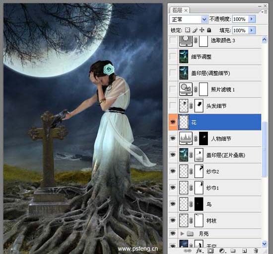 photoshop合成實例:十字墓碑旁的枯樹美女