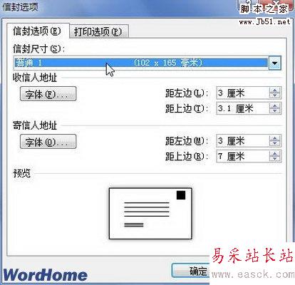 信封選項對話框