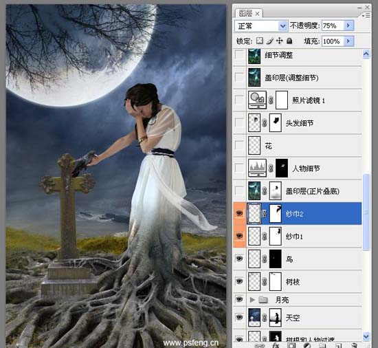 photoshop合成實例:十字墓碑旁的枯樹美女
