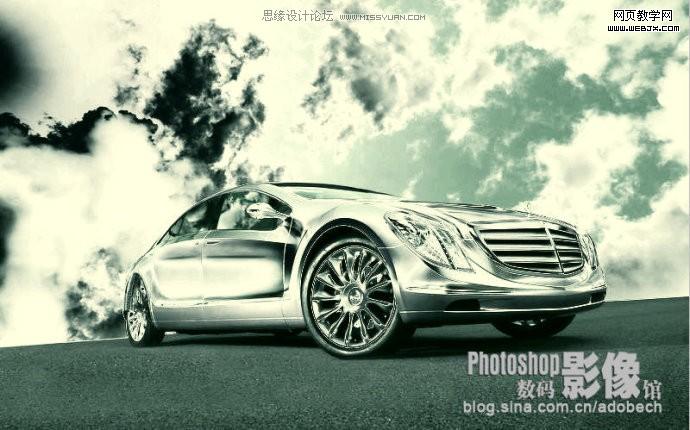 photoshop調出青藍色天空下停放的汽車