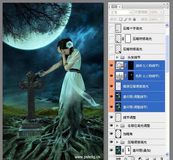 photoshop合成實例:十字墓碑旁的枯樹美女