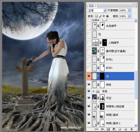photoshop合成實例:十字墓碑旁的枯樹美女_webjxcom