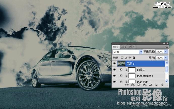 photoshop調出青藍色天空下停放的汽車