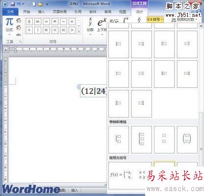 選擇Word2010內置的括號實例
