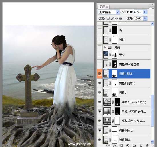 photoshop合成實例:十字墓碑旁的枯樹美女