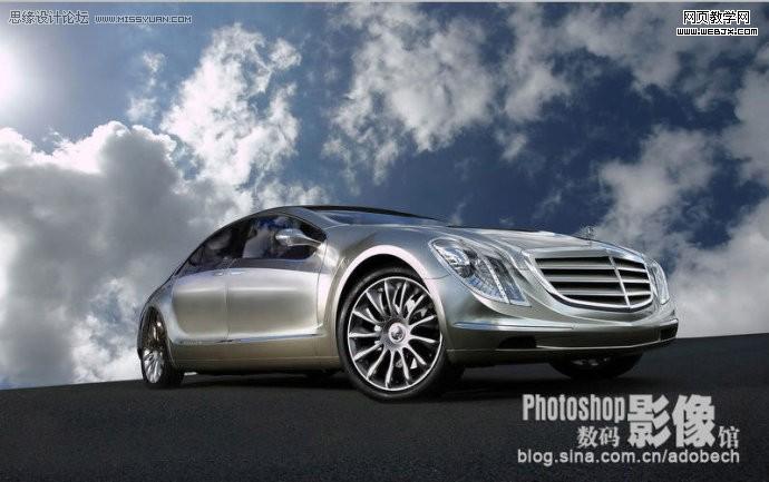 photoshop調出青藍色天空下停放的汽車