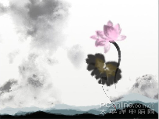 ps畫筆工具繪云彩、小魚、荷葉、荷花