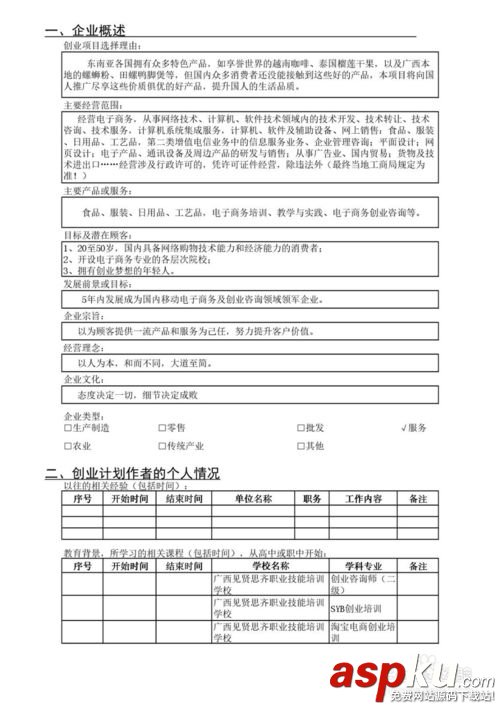 SYB創業計劃書,創業計劃書,中國大學生創業網